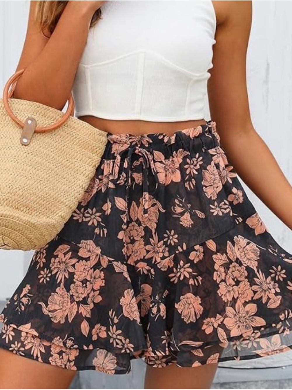 Floral Ruffle Waist Black & Peach Skort
